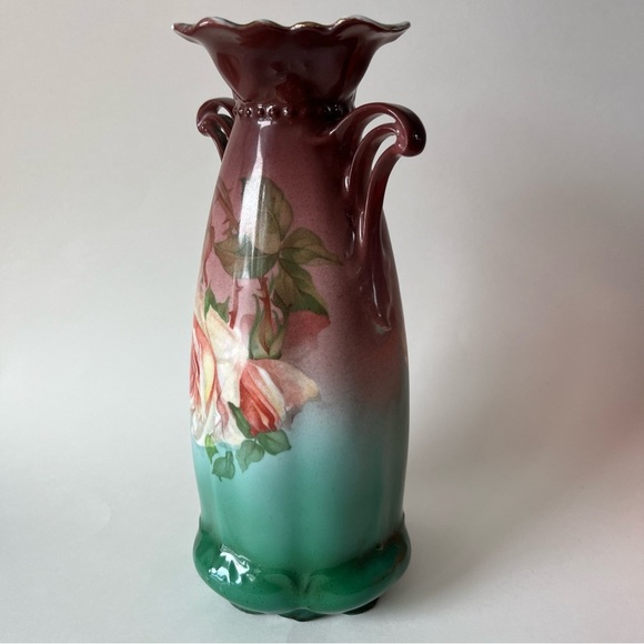 Beautiful Porcelain Pitcher 9.5" Tall" 5” Wide ~ Rose~ Gold Gild~ Green~Burgundy - Picture 5 of 12